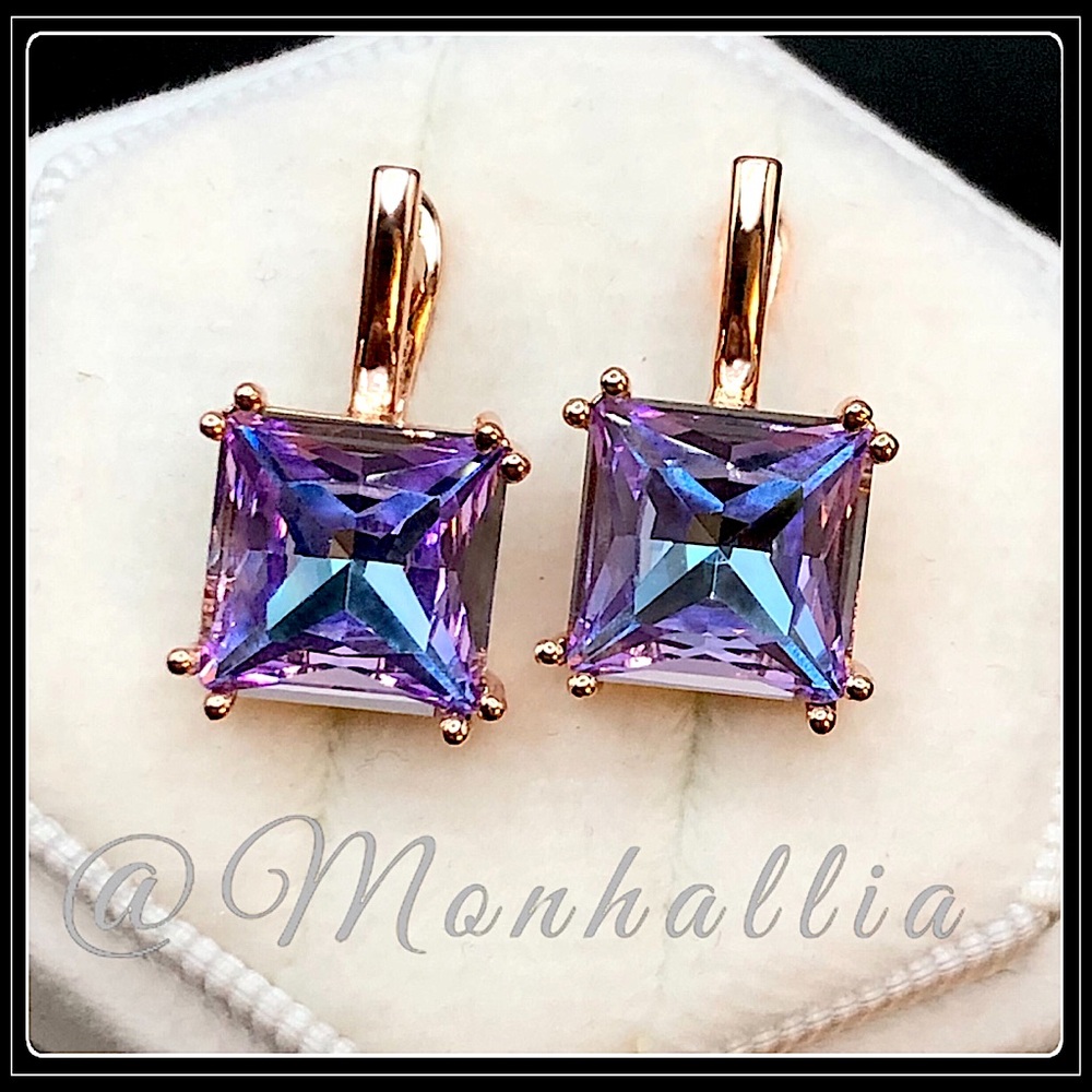 NEW 585 UNICORN TOPAZ ROSE GOLD TOURMALINE PRISM SQUARE CUT HOOK EARRINGS